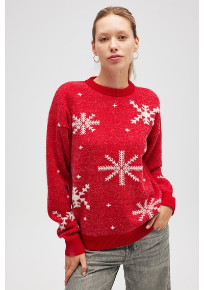 Peraluna Snowflake Kartanesi Desenli Unisex Yılbaşı Kazağı - Kırmızı Kırmızı