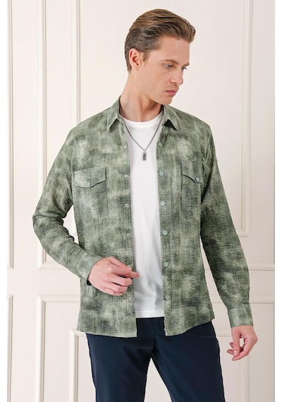 Efor Comfort Fit Yan Cep Batik Desenli %100 Pamuk Çıtçıtlı Haki Gömlek Ceket G 1568 Haki