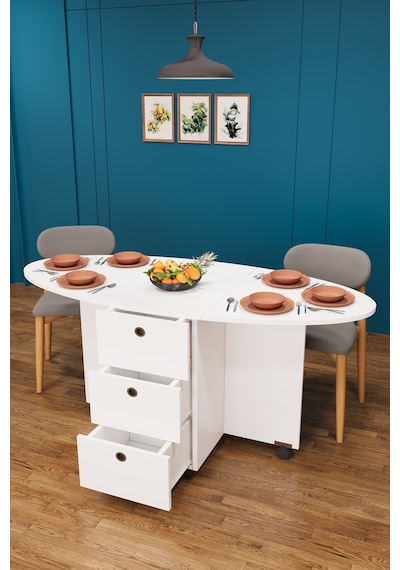 Asra Trend KM-08 %100 MDF 141x72 cm Katlanır Akıllı Mutfak Masası Tekerlekli Servis Masası 2 Çekmeceli Beyaz
