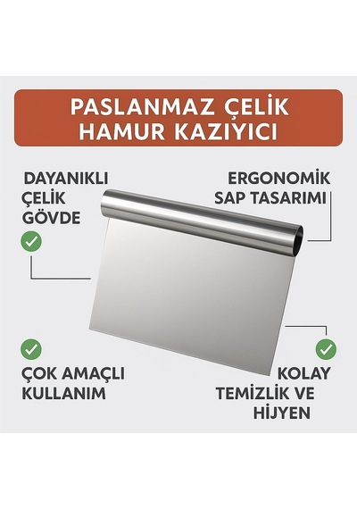 Paslanmaz Çelik Hamur Kazıyıcı, Ergonomik Saplı, Çok Amaçlı Hamur Kesici Ve Tezgah Temizleyici Gümüş