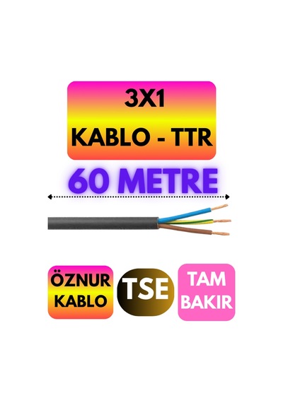 Öznur 3x1 Ttr Kablo Siyah Metre Seçenekli - 60 Metre