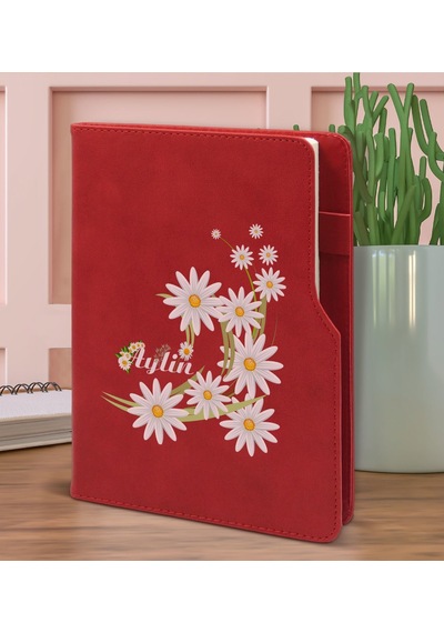 Bk Gift Kişiye Özel Papatya Temalı Kırmızı Termo Deri Not Defteri 15x21cm-1
