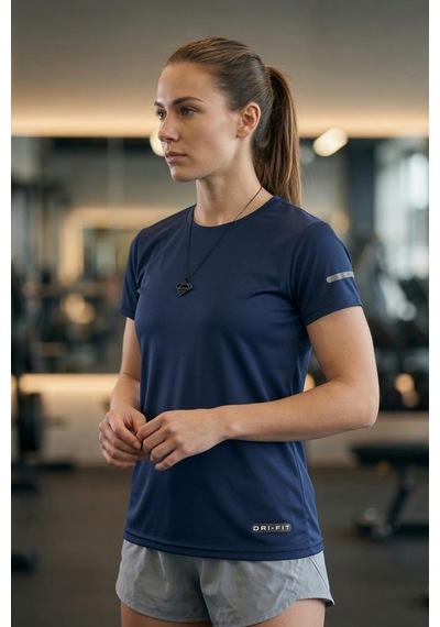 Fits Mikro Polyester Slim Fit Performans Antrenman Sporcu Kadın Tshirt Lacivert