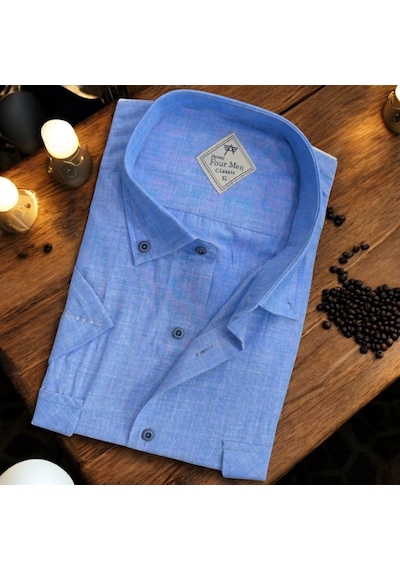 Linen Keten Klasik Kısa Kollu Çift Cepli Erkek Gömlek Regular Kalıp -10001 Mavi Linen Keten Klasik Kısa Kollu Çift Cepli Erkek Gömlek Regular Kalıp -10001 Mavi