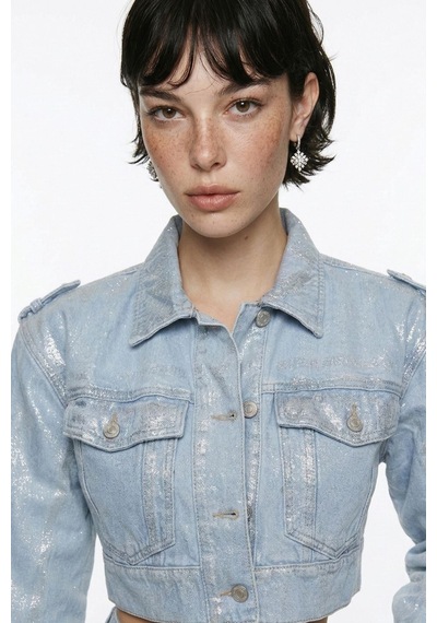 Holly Lolly Özel Yapım Parlak Kaplamalı Glossy Jean Ceket Mavi