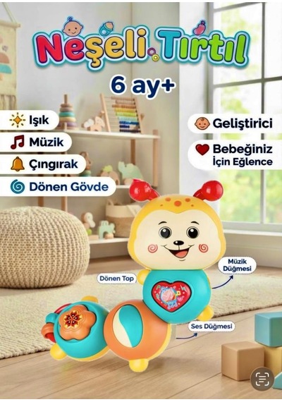 Montessori Neşeli Tırtıl Düğmeli Işıklı Müzikli 23 Cm Eğitici Ve Öğretici Çıngıraklı Bebek Oyuncağı Sarı