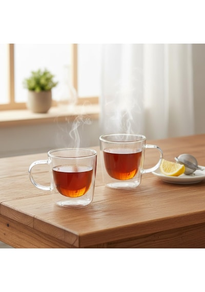 2'li Çift Cidarlı Kulplu Cam Fincan Seti - 100 Ml Isıya Dayanıklı Espresso Ve Türk Kahvesi Bardağı - El Yakmayan Modern Tasarım 2 Adet çok renkli