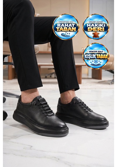 Ayakmod Lastik Bağcıklı Şık Rahat Siyah Hakiki Deri Erkek Casual Sneaker Ayakkabı 272304 Siyah-siyah