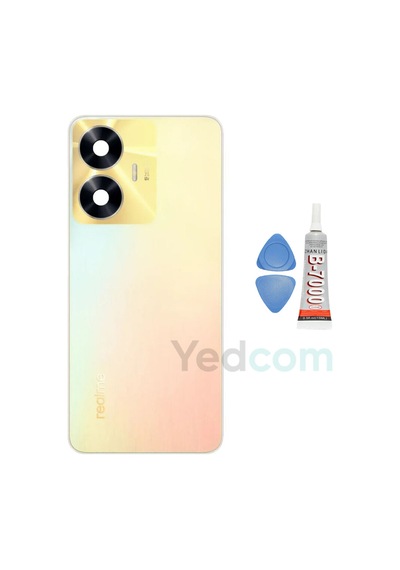 Oppo Realme C55 Gold Kamera Camlı Arka Cam Batarya Pil Kapağı Telefon Arka Kapak Altın