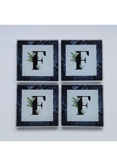  Decorita Cam Bardak Altlığı F Harfli Tasarım 4'lü Takım 10 x 10 CM Beyaz - Siyah