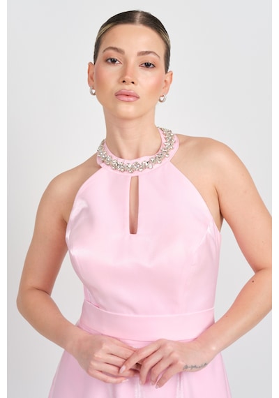 Saygın Kadın Halter Yaka Saten Midi Abiye Elbise 5624 Pembe Pembe