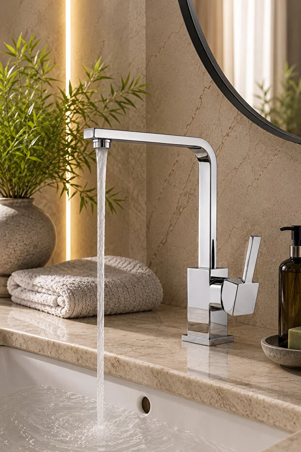 Lavabo Bataryası Kare Yüksek Pirinç Gövde 360 Döner Krom Tek Kollu Banyo Musluğu
