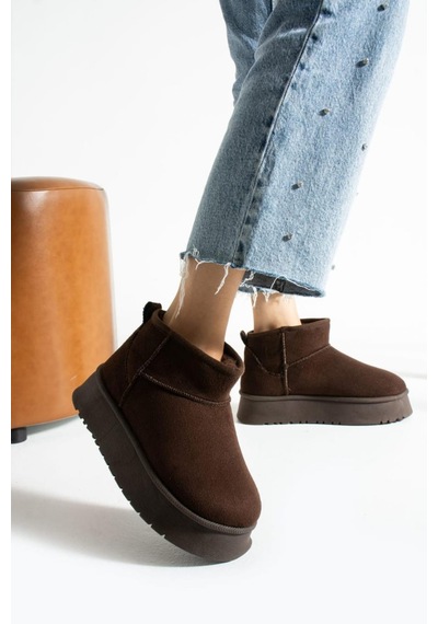 Kadın Mini Süet Içi Kürklü Yüksek Kalın Taban Kışlık Bot & Bootie Kahve