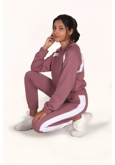 Makentmoda Kadın Rose Şardonlu Kumaş Şerritli Eşofman Takımı Gülkurusu