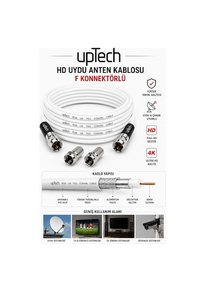 Uptech Hd Uydu Anten Kablosu 3 Metre F Konnektörlü Full Hd 4k Tv Kablosu