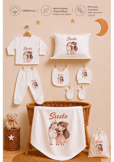 Pia Baby Kişiye Özel %100 Pamuk Kız Bebek Hastane Çıkışı Zıbın Seti 8 Parça Kese Hediyeli 1105zybk0x Krem