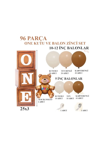Oyuncak Ayı Temalı 1 Yaş Doğum Günü Seti Ahşap Görünümlü One Kutu Ve Retro Balon Zincir Set