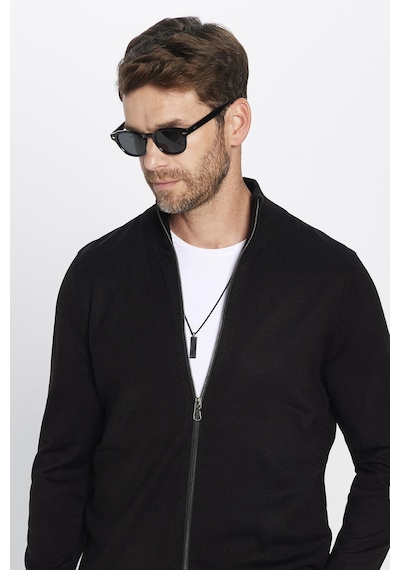 Tudors Erkek Slim Fit Dar Kesim Siyah Dik Yaka Fermuarlı Düz Hırka-32260 Siyah