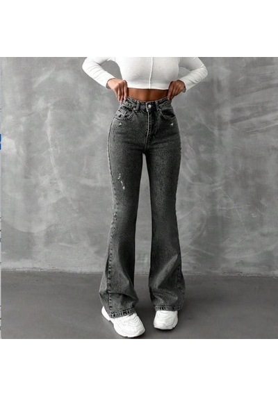 Herton Yüksek Bel İspanyol Paça Jean Pantolon - Eskitme Detaylı Full Pamuklu Flare Denim Koyu Gri