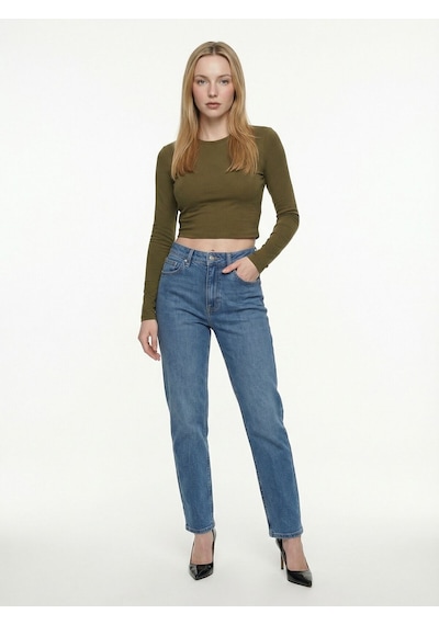 Slim Crop Fit Kadın Tshirt U.kol Haki