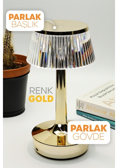 Gold Kristal Şarjlı Dokunmatik Masa Lambası Metal 3 Işık Parlaklık Ayarlı Gece Masa Üstü Lamba 1820 Gold