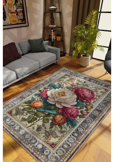 Homshtag Art Deco Şakayık Çiçeği Vintage Halı Görünümlü Dijital Baskı Renkli Halı Rustik Çiçek Halı Çok Renkli