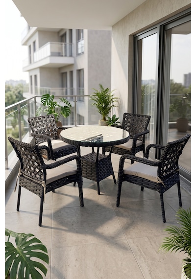 Eterna Serisi 1.sınıf 4 Adet Tekli Siyah Rattan Gri Minder Balkon Bahçe Takımı Eterna Serisi 1.sınıf 4 Adet Tekli Siyah Rattan Gri Minder Balkon Bahçe Takımı