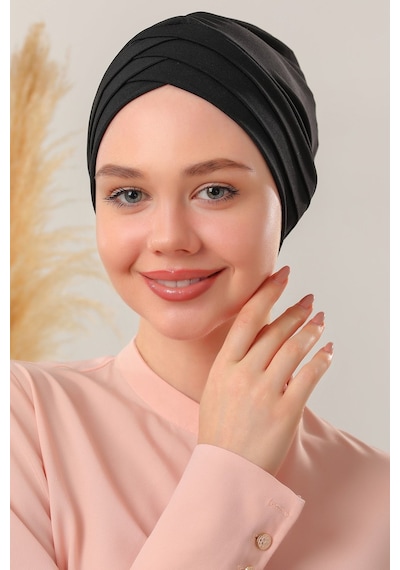 Melodi Scarf Kadın Üç Bantlı Çapraz Hazır Türban Dış Bone Siyah Taş