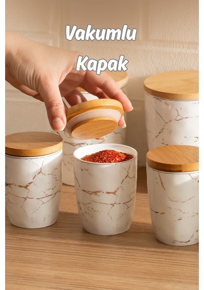 Porsima Pxm2673-7/s Marble 7 Parça Bambu Vakum Kapaklı Porselen Baharat Takımı Baharatlık Seti Diğer
