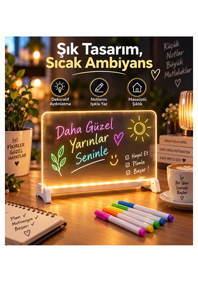 Led Işıklı Yazı Tahtası Akrilik Not Panosu Usb 5w Masaüstü Dekoratif Gece Lambası Beyaz