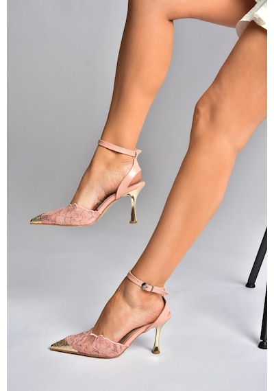Fox Shoes Y752093806 Pudra Dantel İnce Galveniz Topuklu Kadın Ayakkabı