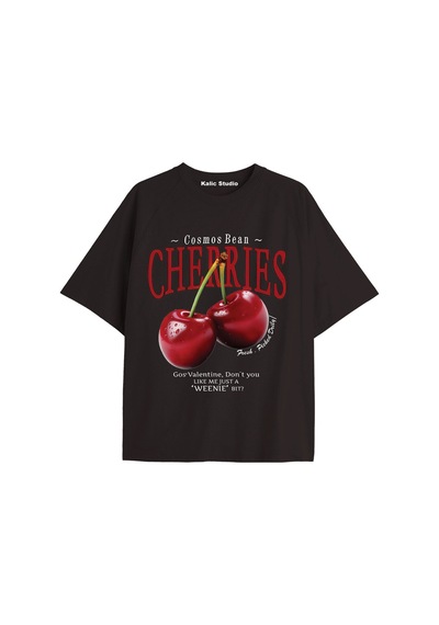 Kalic Studio Unisex Erkek/kadın Cherrıes Özel Baskılı Oversize Pamuklu Bisiklet Yaka T-shirt Siyah