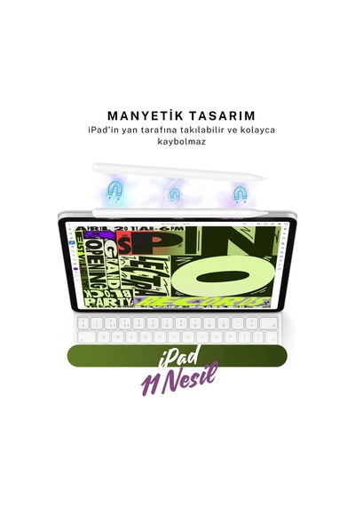 İpad 11. Nesil A16 Dokunmatik Kalem Uyumlu Avuçiçi Red Ve Eğim Özellik Manyetik Yapışan Dijital Pen Beyaz