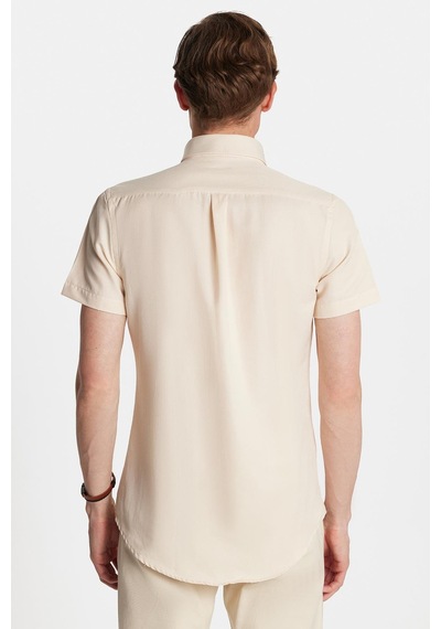 Tudors Erkek Slim Fit Dar Kesim Kısa Kollu Spor Yaka Oxford Doku Pamuklu Bej Gömlek-34363 Bej