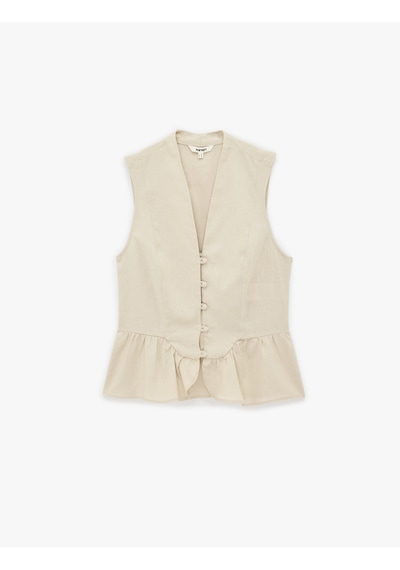 Koton Düğmeli Kolsuz V Yaka Fırfırlı Peplum Keten Bluz Bej 6sak60191ew Ekru