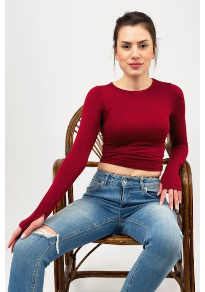 Kadın Bisiklet Yaka Parmak Detaylı Spor Body Basic Soft Touch Spor Crop Bordo