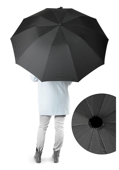 Newdaki Ahşap Sap 110 Cm Elegant Otomatik Çelik 10 Telli Siyah Şemsiye Rüzgar Korumalı Ponçi Kumaş Siyah
