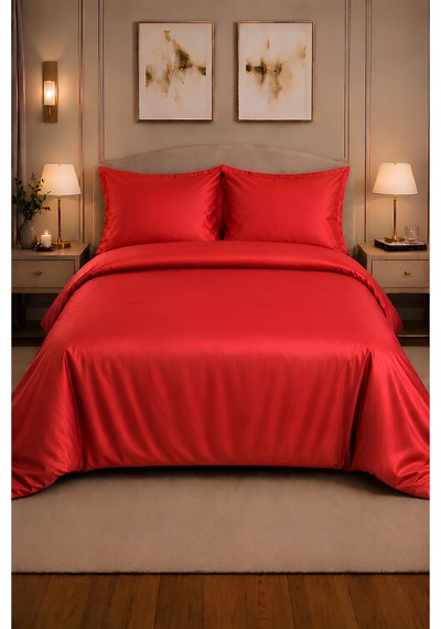%100 Pamuk Saten Kırmızı 83 Tel-125 Gsm Çift Kişilik Nevresim Takımı