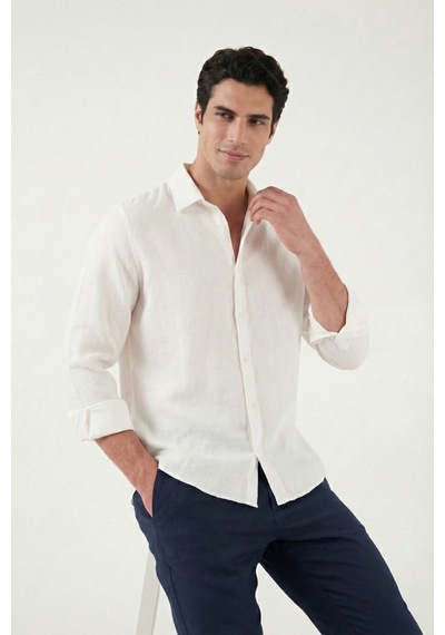Buratti Pamuklu Regular Fit Klasik Yaka Uzun Kollu % 100 Keten Gömlek Erkek GÖMLEK CF26S1210000 Beyaz