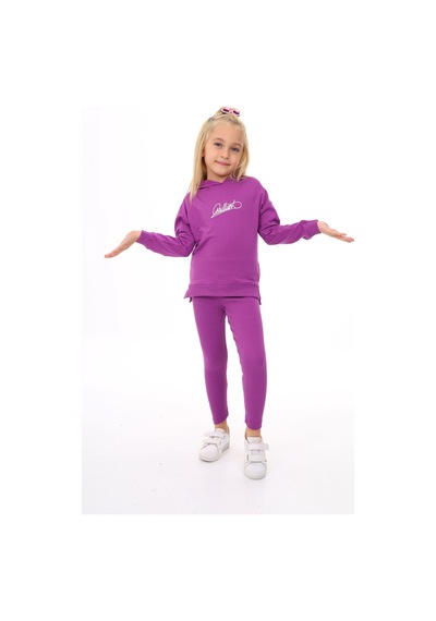 Toontoy Kids Toontoy Kız Çocuk 2'li Takım Baskılı Bisiklet Yaka Düşük Omuz Cepli Sweatshirt & Basic Düz Tayt Mor