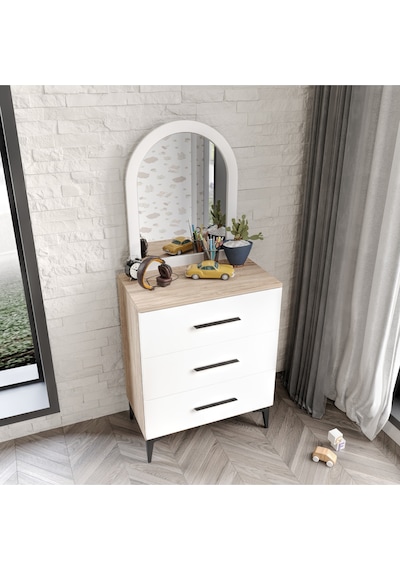 3 Çekmeceli Şifonyer Aynalı Tamamı Mdf Flora Beyaz