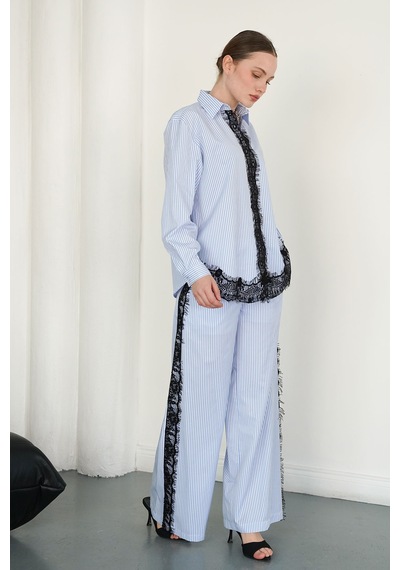 Verymoda Dantel Detaylı Çizgili Pantolon F2083 Mavi