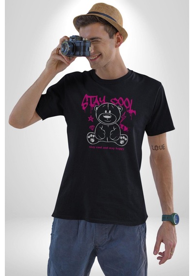 Serin Ve Mutlu Kal Unisex Unisex Siyah Organik Baskılı T-shirt Penye Yüksek Kalite Siyah