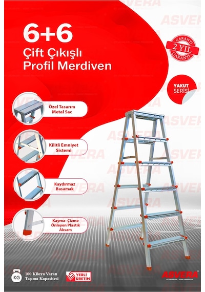 Yakut Serisi - 6+6 Basamaklı Çift Çıkışlı Galvanizli Profil Merdiven Ev, Bahçe, İşyeri İçin Uygun