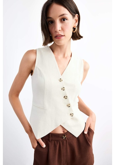 Defacto Slim Fit Dar Kesim V Yaka Keten Yelek G0663ax25smwt34 Beyaz