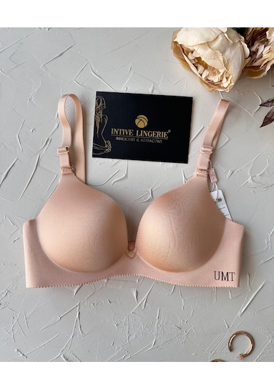 Angelina Push-up Balensiz Dikişsiz V Yaka İthal Kaliteli Düz Renk Pudra