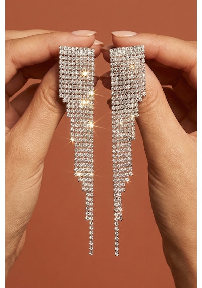 Valmont Accessories Taşlı Işıltılı Sallantılı Uzun Abiye Kadın Küpe Kristal Taşlı Gümüş