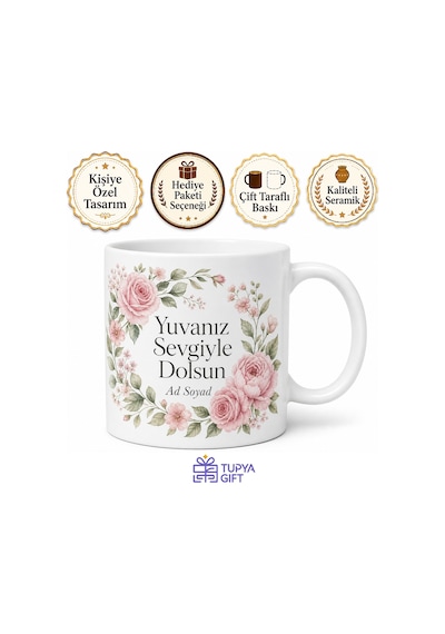 Yeni Gelin Evi Hediyesi Şık Kupa Misafirliğe Giderken Hediye Bardak Özel Tasarım Beyaz / Çok Renkli