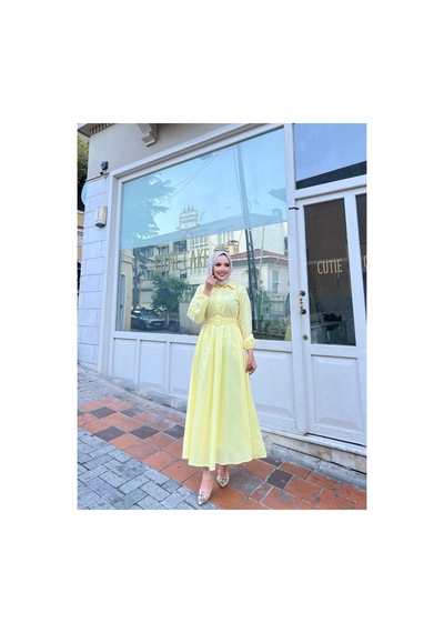 Riella Butik Gömlek Yakalı Tesettür Elbise-sarı