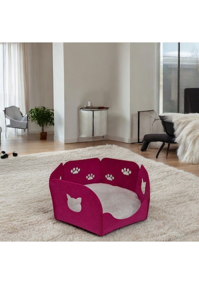 Kedi Yatağı Yuvası Evi Minderli Taşınabilir 3 Mm Keçe Altıgen Tasarım Yuva+minder Fuşya